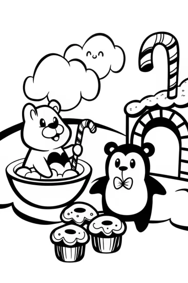 A coloring page of Rainbow Friends at the Cloud Bakery Coloring Page