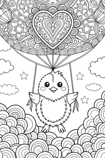 A coloring page of Chick’s Balloon Journey Through the Clouds Coloring Page