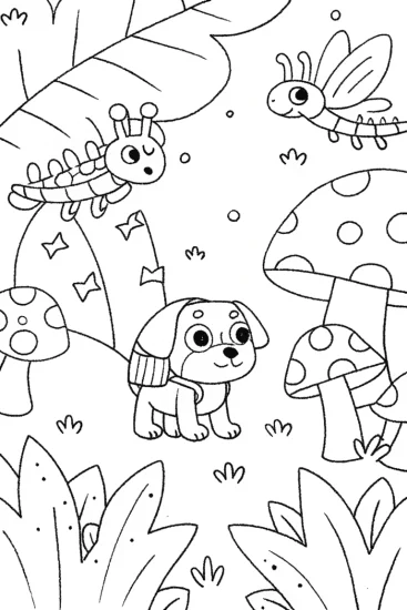 A coloring page of Puppy Explorers in the Enchanted Forest Coloring Page