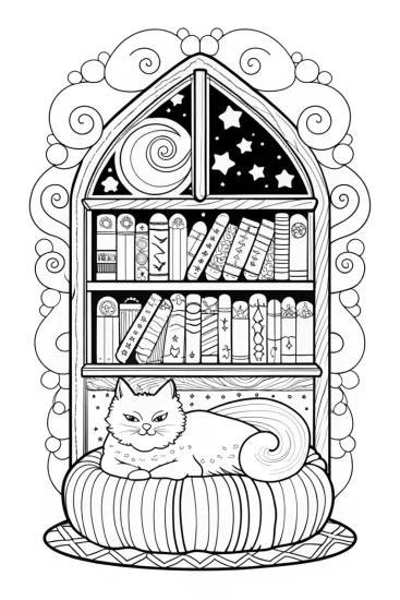 A coloring page of Pudding the Cat’s Cozy Book Nook Coloring Page