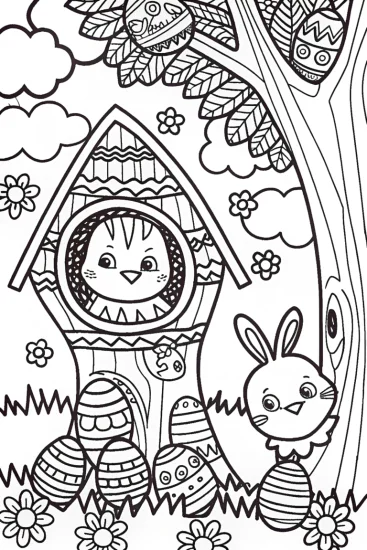 A coloring page of Easter Egg Treehouse Adventure Coloring Page