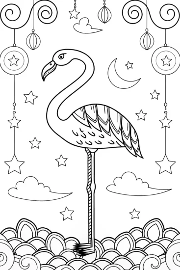 A coloring page of Flamingo Dreaming Under the Stars Coloring Page