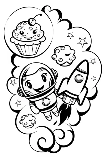 A coloring page of Galactic cupcake journey through space