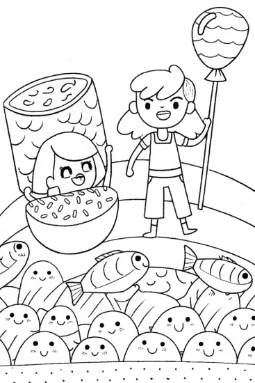 A coloring page of Anime Adventurers in a Whimsical Sushi World