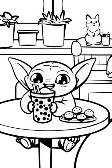 A coloring page of Baby Yoda’s Bubble Tea Adventure Coloring Page
