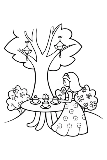 A coloring page of Princess Tea Party Coloring Page