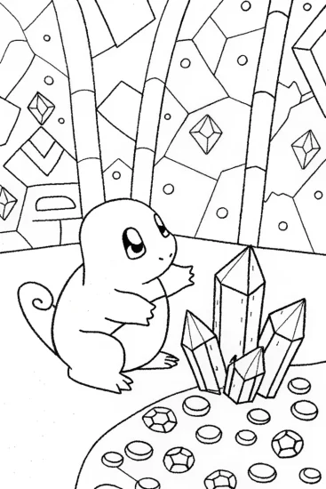 A coloring page of Charmander’s Crystal Cave Adventure Coloring Page
