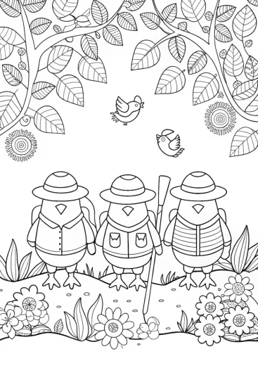 A coloring page of Chickens searching for hidden treasures