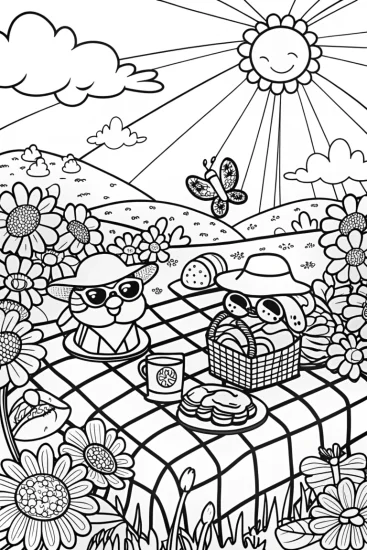 A coloring page of Whimsical Flower Picnic Coloring Page