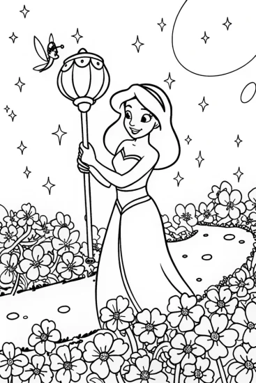 A coloring page of Jasmine’s Garden of Wishes Coloring Page