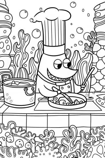 A coloring page of Shark Chef’s Seafood Feast Coloring Page