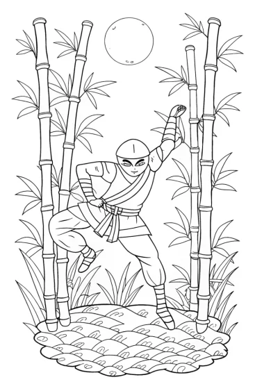 A coloring page of Ninja in the Moonlit Bamboo Grove Coloring Page