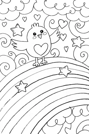A coloring page of Chick’s Adventure on a Rainbow Coloring Page