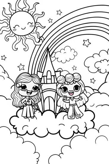A coloring page of Bratz in a Dreamy Cloud Castle Coloring Page