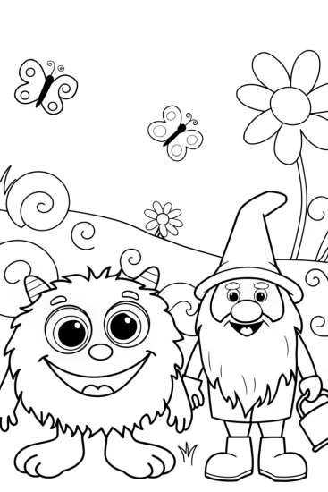 A coloring page of Monster and Gnome Garden Coloring Page