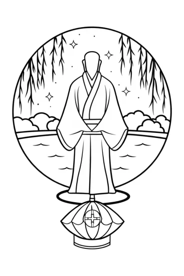 A coloring page of Ninja on a Floating Lantern Coloring Page