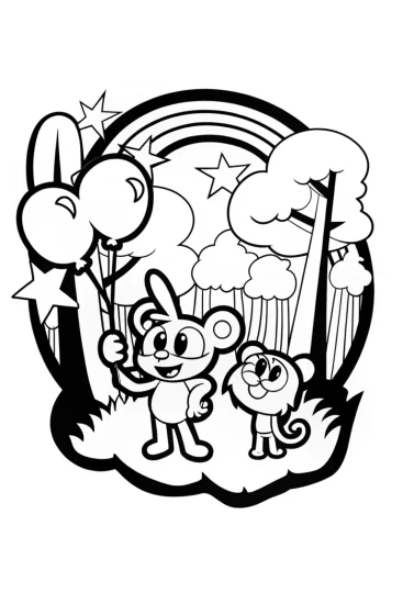 A coloring page of JJ’s Magical Adventure in the Rainbow Forest Coloring Page