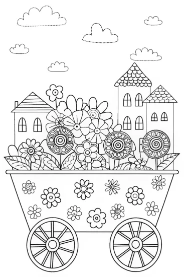 A coloring page of Whimsical Flower Cart Adventure Coloring Page