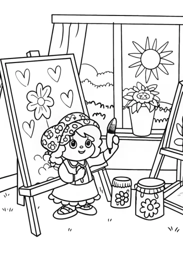 A coloring page of Strawberry Shortcake’s Berry Art Studio Coloring Page