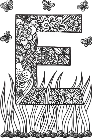 A coloring page of Letter ‘E’ in the Enchanted Garden Coloring Page