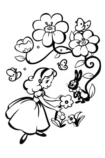 A coloring page of Belle in her magical garden