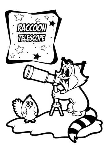 A coloring page of Raccoon Stargazing Coloring Page