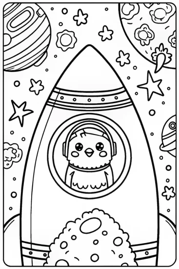 A coloring page of Chick’s Space Adventure Coloring Page