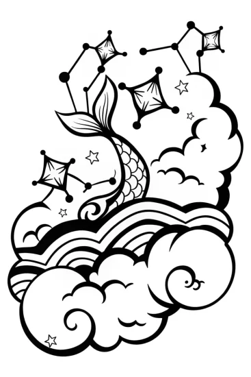 A coloring page of Mermaid’s Dreamy Starry Flight Coloring Page