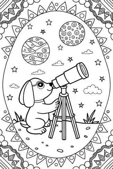 A coloring page of Puppy Astronomer Coloring Page