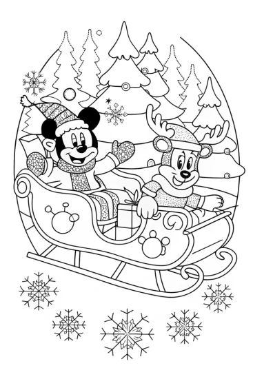 A coloring page of Mickey Mouse Winter Wonderland Sleigh Ride Coloring Page