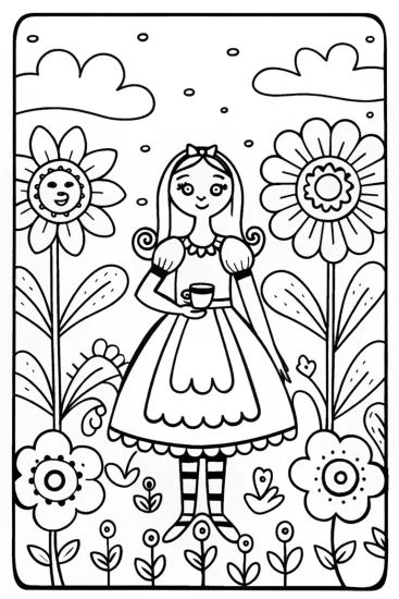 A coloring page of Alice in the Enchanted Tea Garden Coloring Page