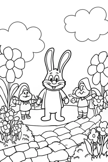 A coloring page of Banban’s whimsical garden journey