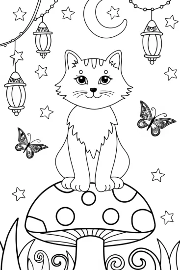 A coloring page of Doodle the Cat’s Magical Mushroom Coloring Page