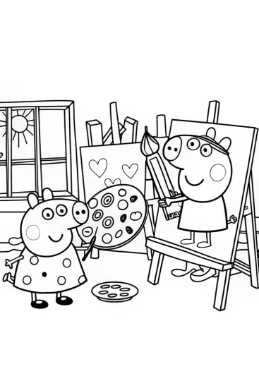 A coloring page of Peppa Pig’s Colorful Art Exploration