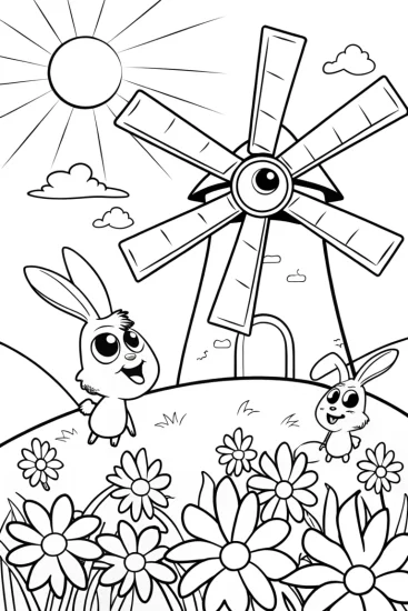 A coloring page of The Whimsical Windmill Coloring Page