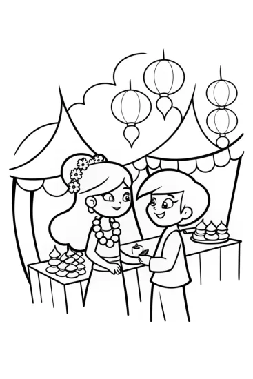 A coloring page of Anime Adventurers in the Enchanted Bazaar Coloring Page