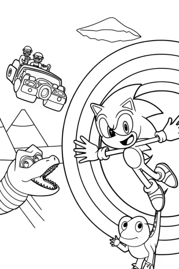 A coloring page of Sonic zooming through a time portal