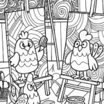 Chickens on an Art Adventure Coloring Page