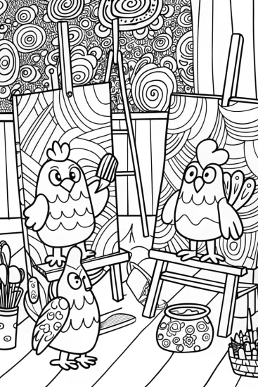 A coloring page of Chickens on an Art Adventure Coloring Page