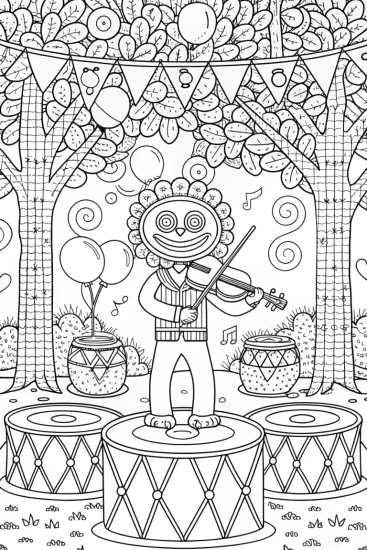 A coloring page of Huggy Wuggy at the Musical Festival