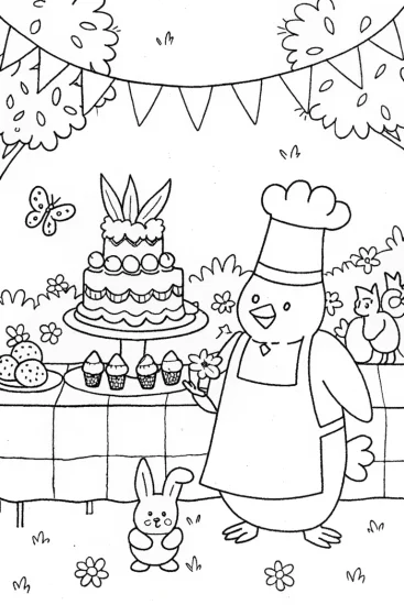 A coloring page of The Chicken Chef’s Garden Party Coloring Page