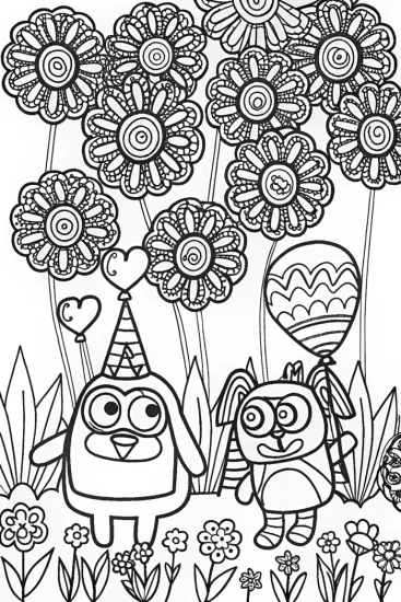 A coloring page of Bluey and Bingo’s Garden Parade Coloring Page