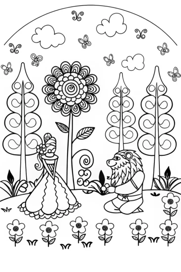 A coloring page of The Beast’s Magical Garden Coloring Page