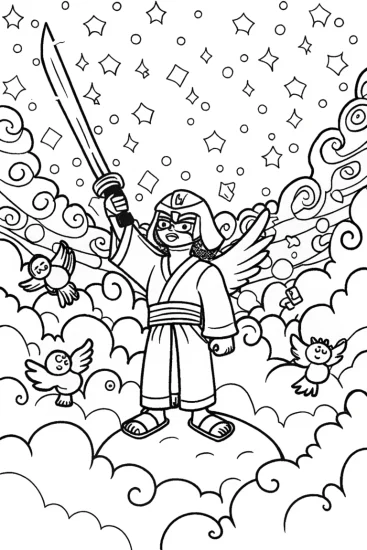 A coloring page of Celestial Samurai in the Cloud Realm Coloring Page