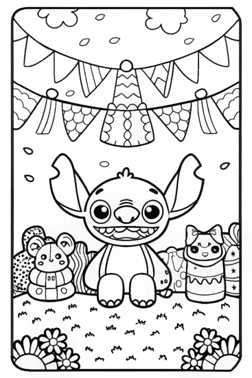 A coloring page of Stitch’s Festival of Fabrics Coloring Page