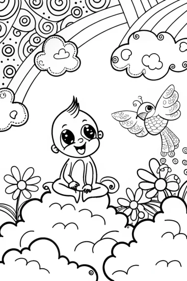 A coloring page of Baby’s Adventure in the Cloud Kingdom Coloring Page