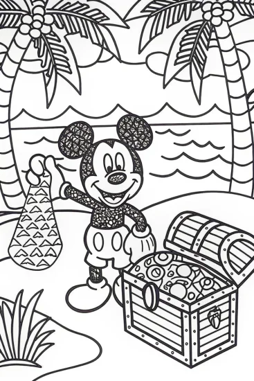 A coloring page of Mickey Mouse on a treasure quest
