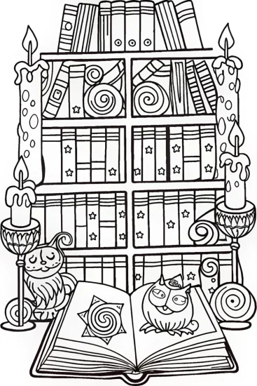 A coloring page of The Enchanted Library Coloring Page