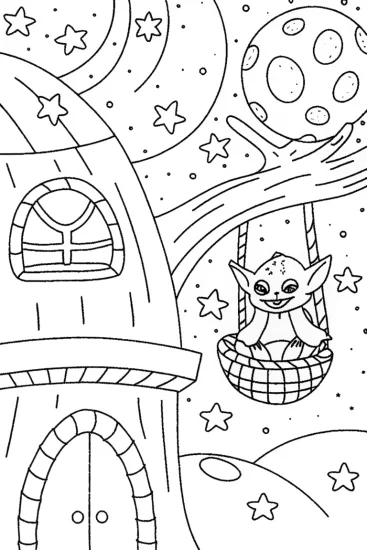 A coloring page of Baby Yoda’s Secret Space Treehouse Coloring Page