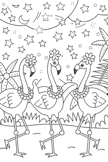 A coloring page of Flamingo Dancers Under the Stars Coloring Page